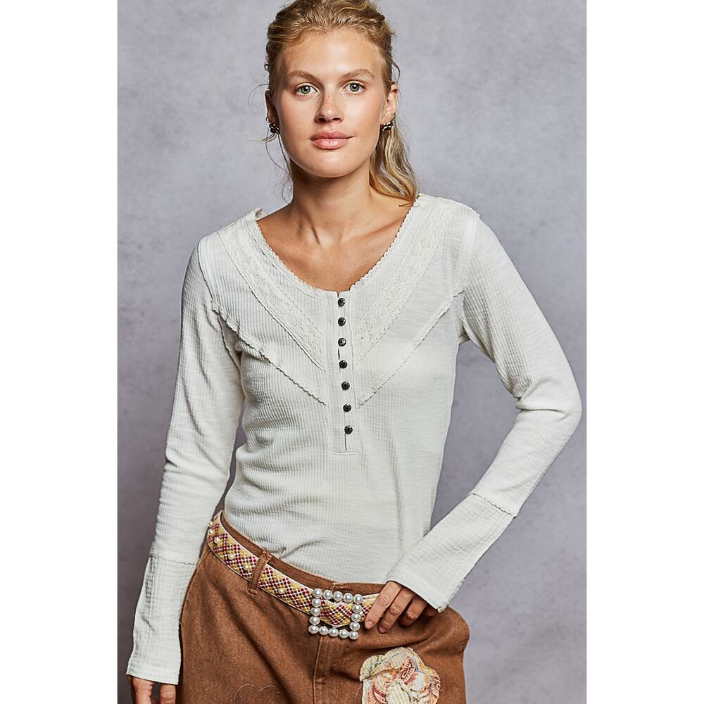 POL Half Button Lace Detail Long Sleeves Crew Neck Casual Rib Knit Top | Ivory - Picture 5 of 6